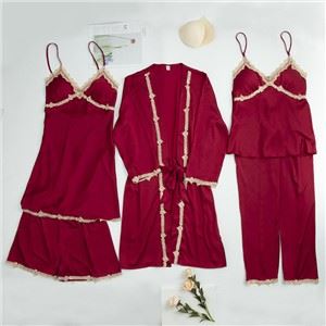Conjunto de pijama sexy de cetim de seda e renda feminina